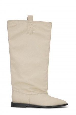 Beige Women's Ganni Western Loose Flat Tubular Boots | 42RBPVCJK