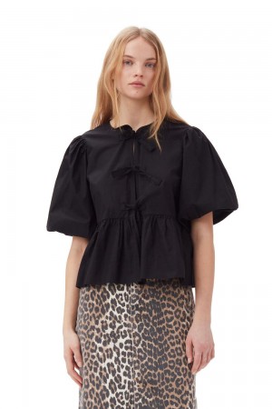 Black Women's Ganni Cotton Poplin Peplum Tie Blouse | 69RLDYSPG