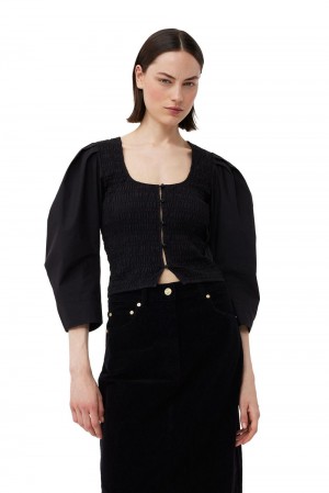 Black Women's Ganni Cotton Poplin Smock Blouse | 70BNHAUYP