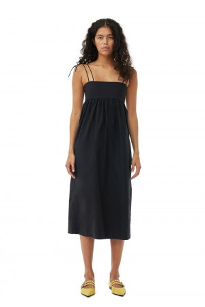 Black Women's Ganni Cotton Poplin String Midi Dress | 10SWDHCIO