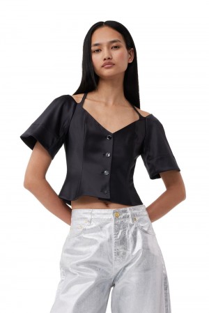 Black Women's Ganni Double Satin Fitted Open-neck Blouse | 96PVWONXM