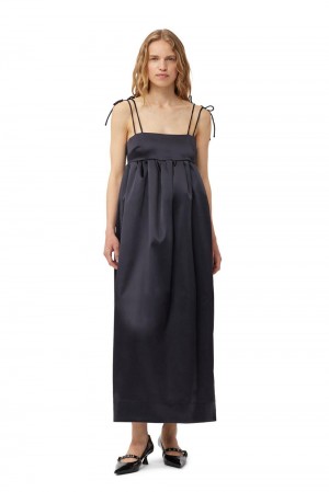 Black Women's Ganni Double Satin String Long Dress | 63DPZYWXL