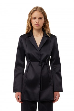 Black Women's Ganni Double Satin Tiestring Blazer | 95TPCQYDS