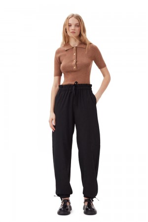 Black Women's Ganni Drapey Melange Elasticated Waist Pants | 90MOZPFLG