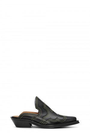 Black Women's Ganni Embroidered Western Mules | 93XFJTVWN