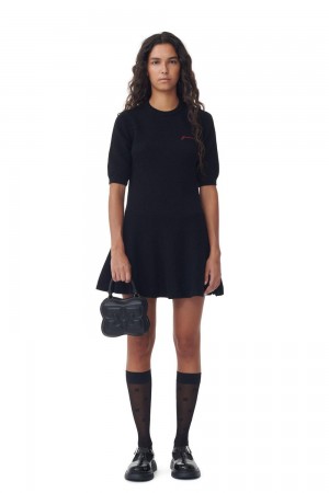 Black Women's Ganni Logo Wool Mix Mini Dress | 68VRTOGXA