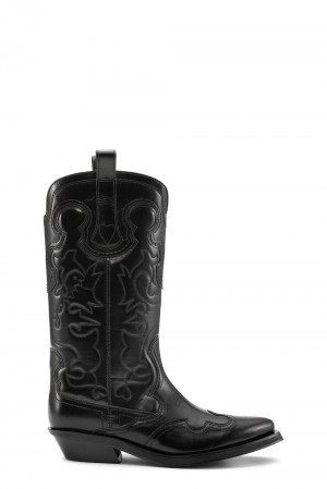 Black Women's Ganni Mid Shaft Embroidered Western Boots | 31KPHIQTA