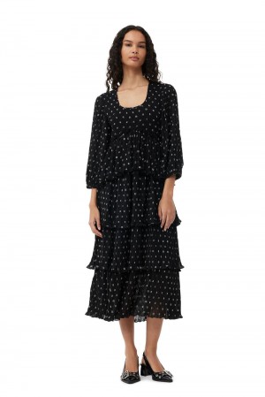 Black Women's Ganni Pleated Georgette Flounce Smock Midi Dress | 17FNDRPTB