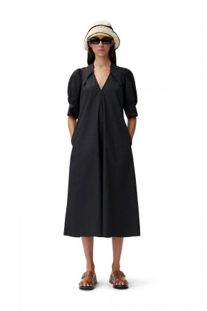 Black Women's Ganni Poplin Midi Dress | 03AWDNQYH