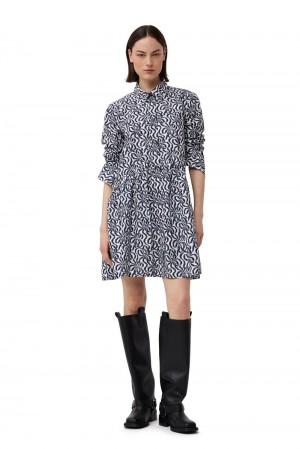 Black Women's Ganni Printed Cotton Poplin Mini Shirt Dress | 64SBUGTJV