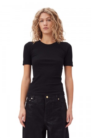 Black Women's Ganni Soft Cotton Rib Short Sleeve T-Shirt | 15XDVPWBQ