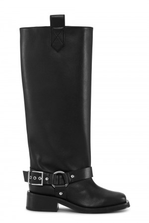 Black Women's Ganni Under-Knee Biker Boots | 73TNGYZMQ