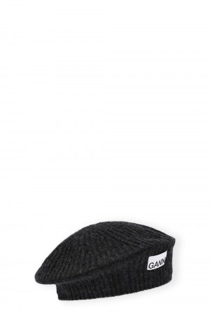 Black Women's Ganni Wool Rib Knit Beret Hats | 34QKWCMRI