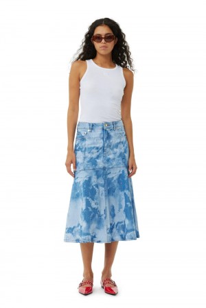 Blue Women's Ganni Bleach Denim Flounce Midi Skirt | 85TWMKQOH