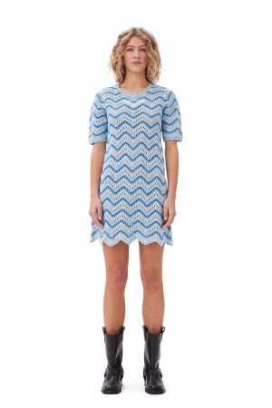 Blue Women's Ganni Cotton Crochet Mini Dress | 94SCAGKYQ