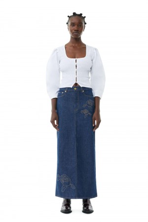 Blue Women's Ganni Denim Rose Maxi Skirt | 21ZVWFKGL