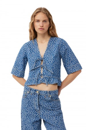 Blue Women's Ganni Jacquard Denim Flounce Tie Blouse | 61IZDXWSE