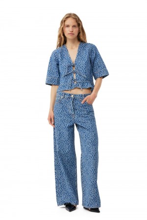 Blue Women's Ganni Jacquard Denim Wide Pants | 72WVGDKAJ