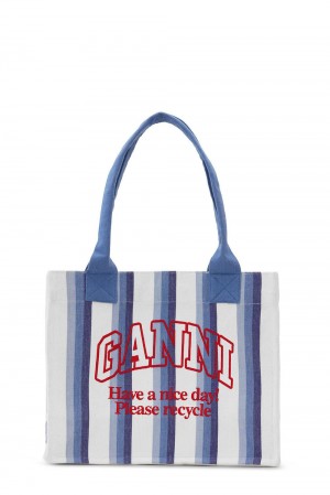 Blue Women's Ganni Large Striped Canvas Tote Bag | 43FBKZAHT