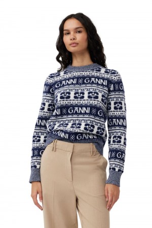 Blue Women's Ganni Logo Wool Mix O-neck Cardigan | 87OPQFNCJ