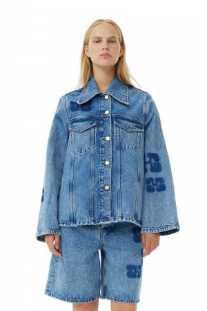 Blue Women's Ganni Patch Denim Jacket | 57YBMXCJT