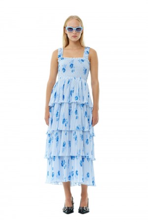 Blue Women's Ganni Pleated Georgette Flounce Smock Dress | 60APMUCWZ