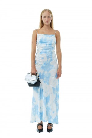 Blue Women's Ganni Printed Satin Ruched Long Slip Dress | 73ZCJNTVP