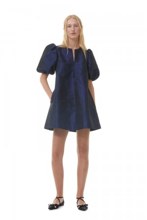 Blue Women's Ganni Shiny Taffeta Mini Dress | 02NQHBUPS