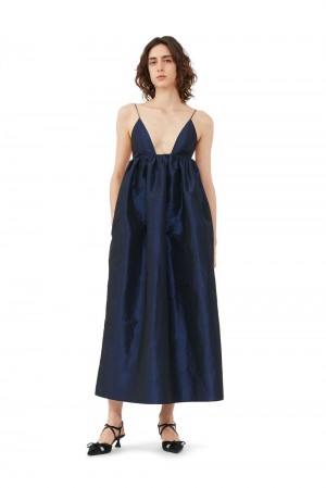 Blue Women's Ganni Shiny Taffeta Strap Dress | 36TIKBXWH