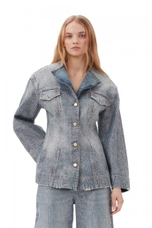 Blue Women's Ganni Sparkle Denim Fitted Blazer | 97OVRCUKQ