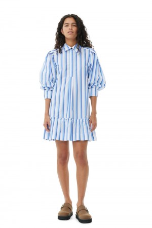 Blue Women's Ganni Striped Cotton Mini Shirt Dress | 80KONJPCL