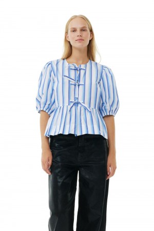 Blue Women's Ganni Striped Cotton Poplin Peplum Tie Blouse | 39QTFKMVA