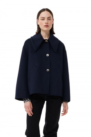 Blue Women's Ganni Wool Wide Collar Jacket | 51XDGWZRO