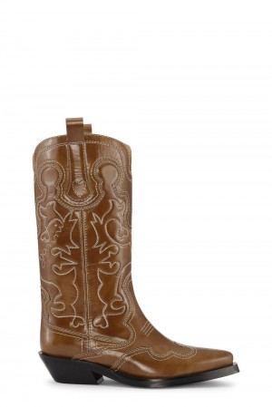 Brown Women's Ganni Mid Shaft Embroidered Western Boots | 70KBTGJYZ