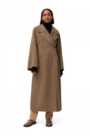 Brown Women's Ganni Recycled Long Wrap Wool Coat | 92EJQGTXU