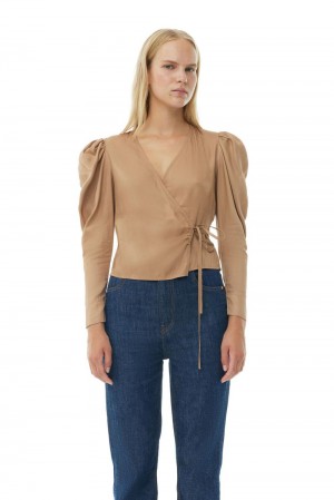 Brown Women's Ganni Twill Wrap Blouse | 08VKMIGPZ