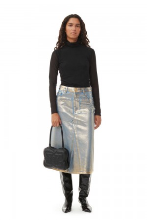 Gold Women's Ganni Denim Midi Skirt | 16KQINXZT