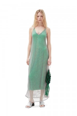 Green Women's Ganni Embellished Mesh Dress | 39DOZMCHW