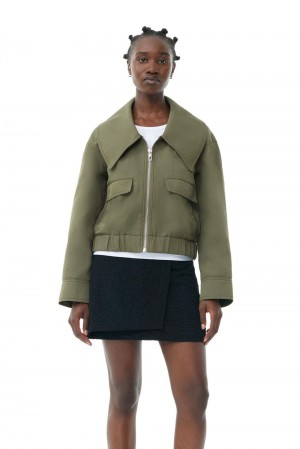 Green Women's Ganni Heavy Twill Wide Collar Short Jacket | 05GYURDBK