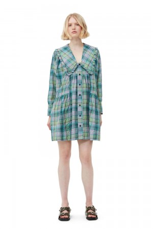 Green Women's Ganni Seersucker Check Wide Shirt Dress | 70KTZOWUR