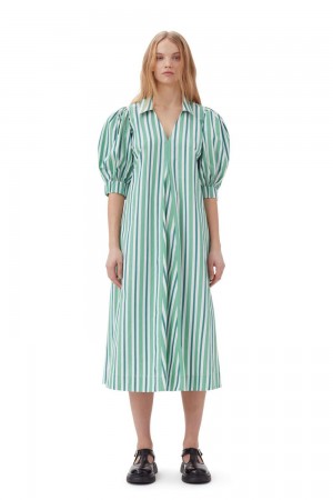 Green Women's Ganni Striped Collar Long Dress | 47PCFYQDZ