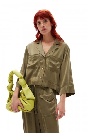 Green Women's Ganni Washed Satin Crop Shirts | 76PQNULOY