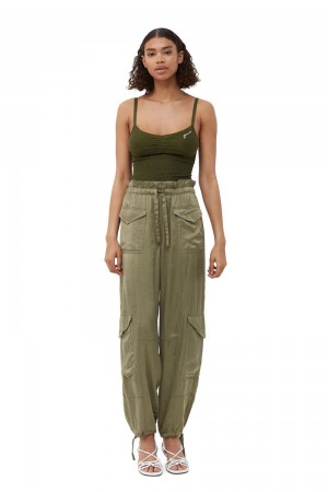 Green Women's Ganni Washed Satin Pants | 50CTRLUYS