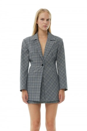 Grey Women's Ganni Checkered Fitted Blazer | 76LOHZVBA