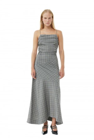 Grey Women's Ganni Checkered Ruched Long Slip Dress | 30KUGNHVE