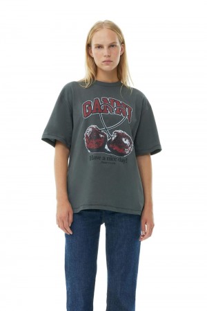 Grey Women's Ganni Future Grey Relaxed Cherry T-Shirt | 74LFWKYXQ