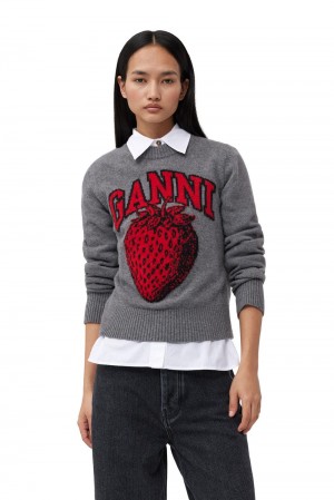 Grey Women's Ganni Graphic Strawberry O-neck Cardigan | 42FECUSYM