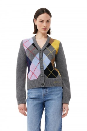 Grey Women's Ganni Harlequin Wool Mix Knit Cardigan | 82EQZJICB