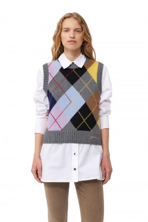 Grey Women's Ganni Harlequin Wool Mix Knit Vest | 41RTAYJUP