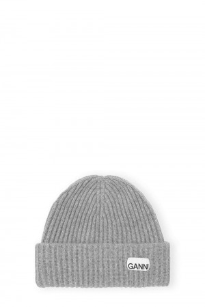 Grey Women's Ganni Oversized Wool Rib Knit Beanie | 62FTNACHX